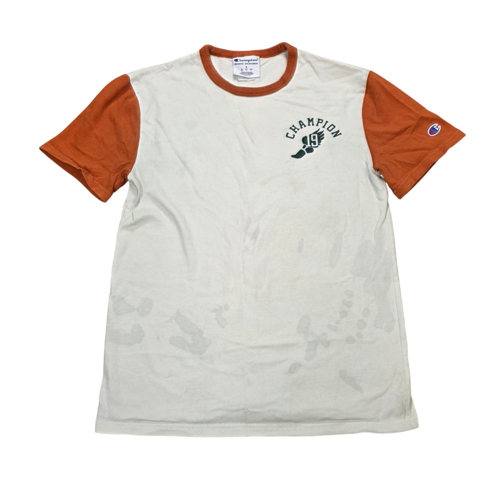 Champion Authentic Athleticwear Ringer T-Shirt Men's Size S Cream Orange Logo